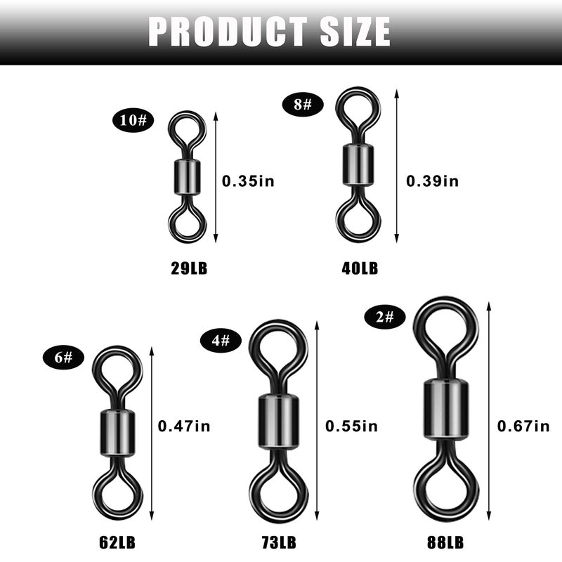 Shaddock Fishing Barrel Fishing Swivels Kit 500pcs Rolling Swivels Fishing Tackle Saltwater Heavy Duty Fishing Line Connectors Black Stainless Steel Bearing Swivels for Saltwater Freshwater 30-97Lbs - Image 3